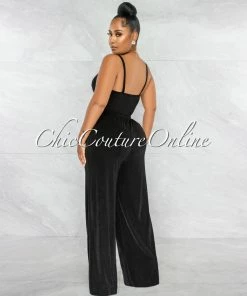 Chic Couture Online JUST IN Arabella Black Knot Crop Top & Wide Pants Shimmer Set
