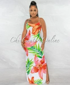 Chic Couture Online Amaria White Multi-Color Print Lace-Up Back Maxi Dress JUST IN