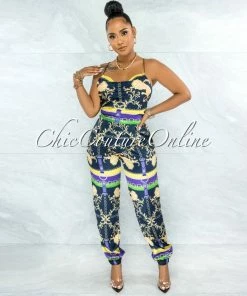 Vendor-unknown JUST IN Baakir Navy Blue Multi-Color Print Lace-Up Top & Pants Set