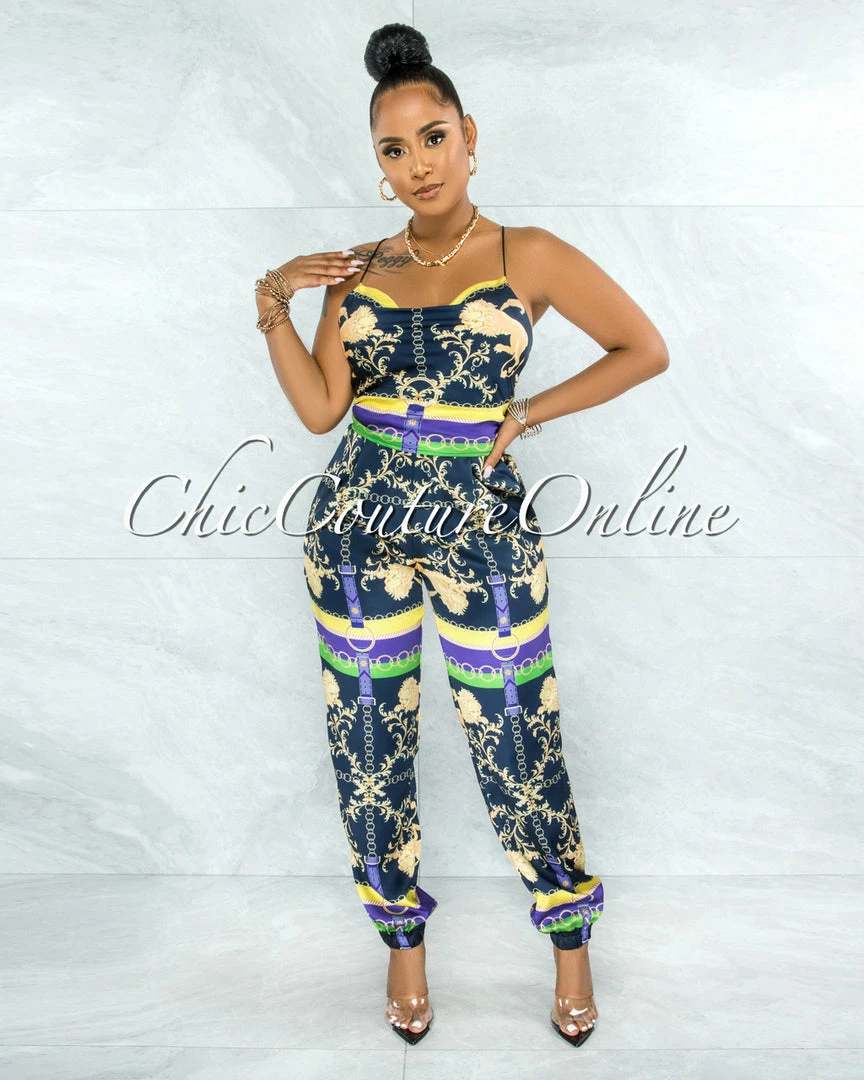 Vendor-unknown JUST IN Baakir Navy Blue Multi-Color Print Lace-Up Top & Pants Set