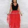 Vendor-unknown JUST IN Vittoria Red Tulle Ruffle Black Waist Maxi Skirt