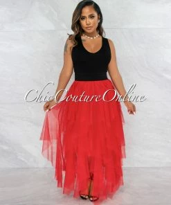 Vendor-unknown JUST IN Vittoria Red Tulle Ruffle Black Waist Maxi Skirt