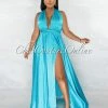 Chic Couture Online Lorenie Turquoise Deep-V Multi-Way High Slits Silky Maxi Dress JUST IN