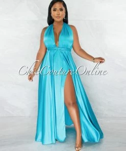 Chic Couture Online Lorenie Turquoise Deep-V Multi-Way High Slits Silky Maxi Dress JUST IN