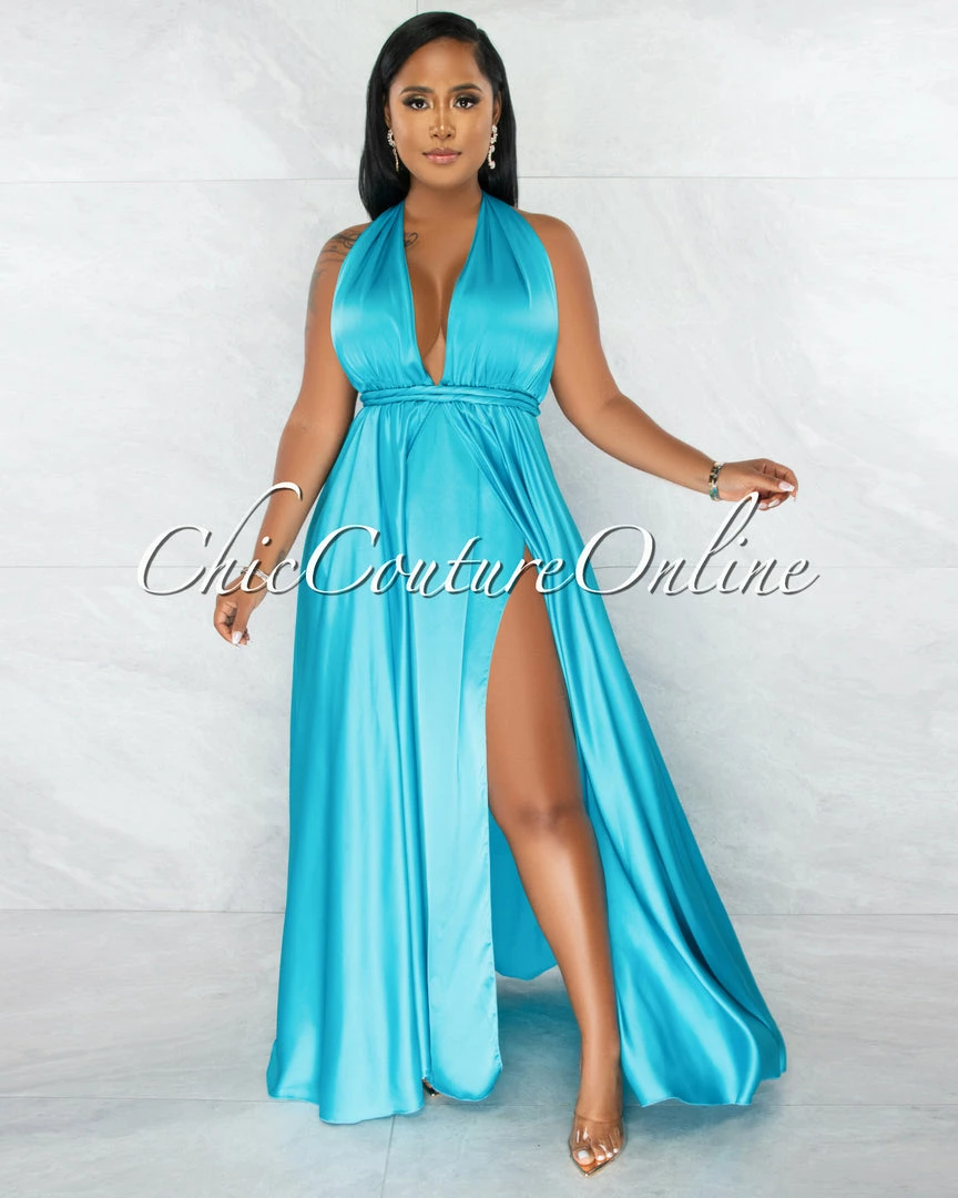Chic Couture Online Lorenie Turquoise Deep-V Multi-Way High Slits Silky Maxi Dress JUST IN