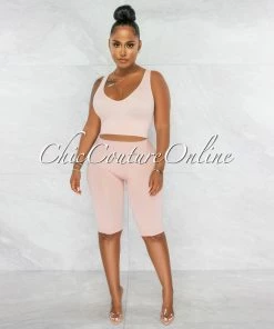 Chic Couture Online JUST IN Jaiden Blush Ribbed Crop Top & Bike Shorts Set