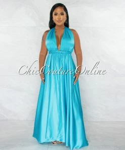 Chic Couture Online Lorenie Turquoise Deep-V Multi-Way High Slits Silky Maxi Dress JUST IN
