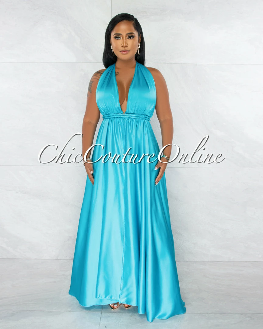 Chic Couture Online Lorenie Turquoise Deep-V Multi-Way High Slits Silky Maxi Dress JUST IN