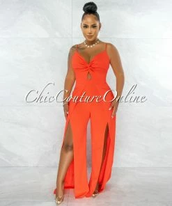 Chic Couture Online Destiny Orange Bust Key-Hole Knot Slit Legs Jumpsuit
