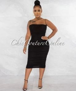 Chic Couture Online JUST IN Zerada Black Mesh Ruched Midi Dress