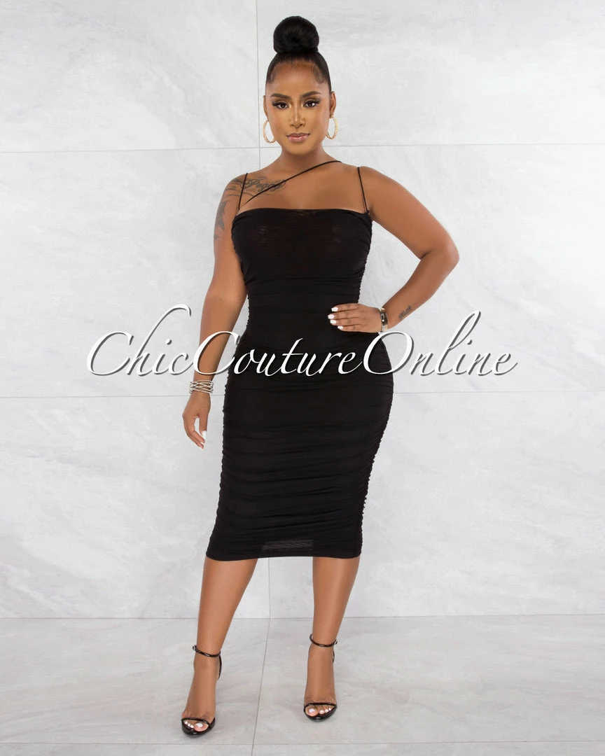Chic Couture Online JUST IN Zerada Black Mesh Ruched Midi Dress