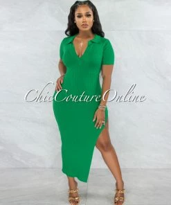 Vendor-unknown JUST IN Colanda Kelly Green Ribbed Collar Maxi Dress