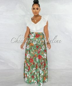Vendor-unknown Hirma Green Rust Floral Print Maxi Skirt