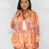 Chic Couture Online Vineta Orange Multi-Color Shirt & Flutter Mini Shorts Set JUST IN
