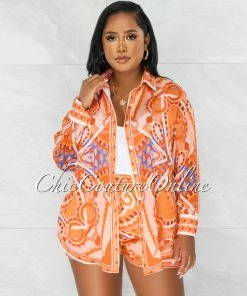 Chic Couture Online Vineta Orange Multi-Color Shirt & Flutter Mini Shorts Set JUST IN