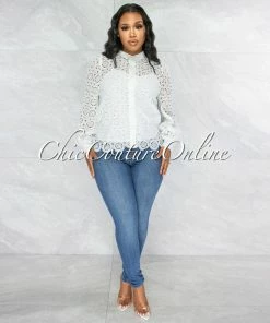 Vendor-unknown JUST IN Martha Off-White Crochet Luxe Sheer Blouse