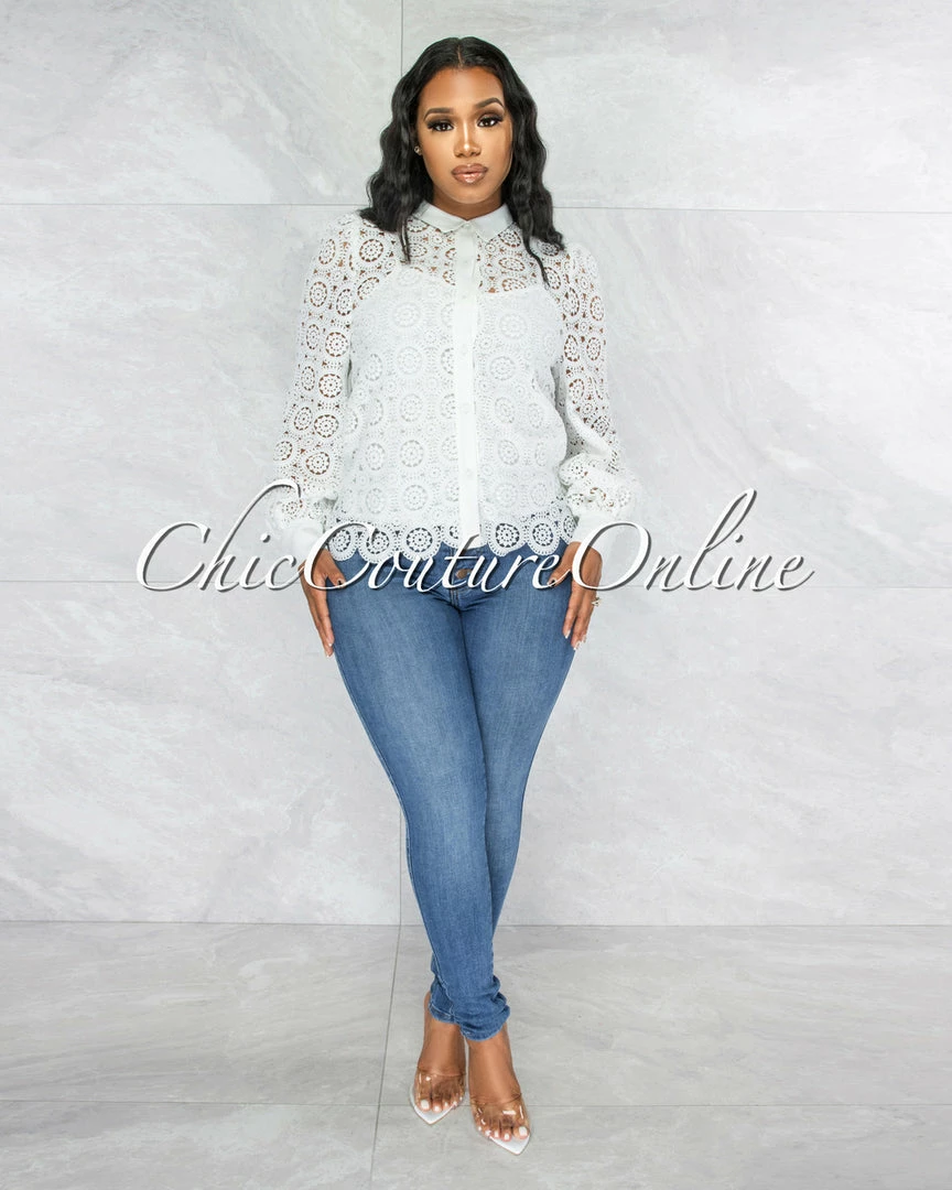 Vendor-unknown JUST IN Martha Off-White Crochet Luxe Sheer Blouse