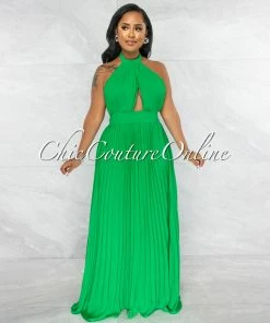 Vendor-unknown Miles Kelly Green Halter Key-Hole Maxi Pleated Dress