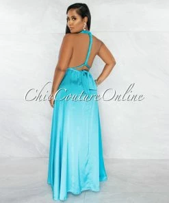 Chic Couture Online Lorenie Turquoise Deep-V Multi-Way High Slits Silky Maxi Dress JUST IN