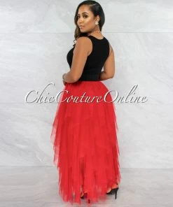 Vendor-unknown JUST IN Vittoria Red Tulle Ruffle Black Waist Maxi Skirt