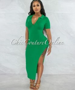 Vendor-unknown JUST IN Colanda Kelly Green Ribbed Collar Maxi Dress