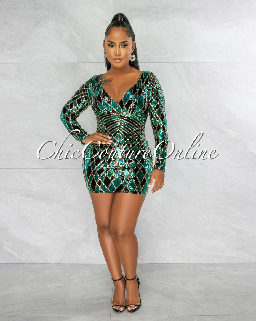 Chic Couture Online JUST IN Yvanka Black Green Gold Sequins Pattern Mini Dress
