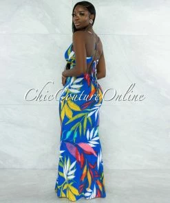Vendor-unknown Tredan Royal Blue Multi-Color Print Back Cut-Out Maxi Dress