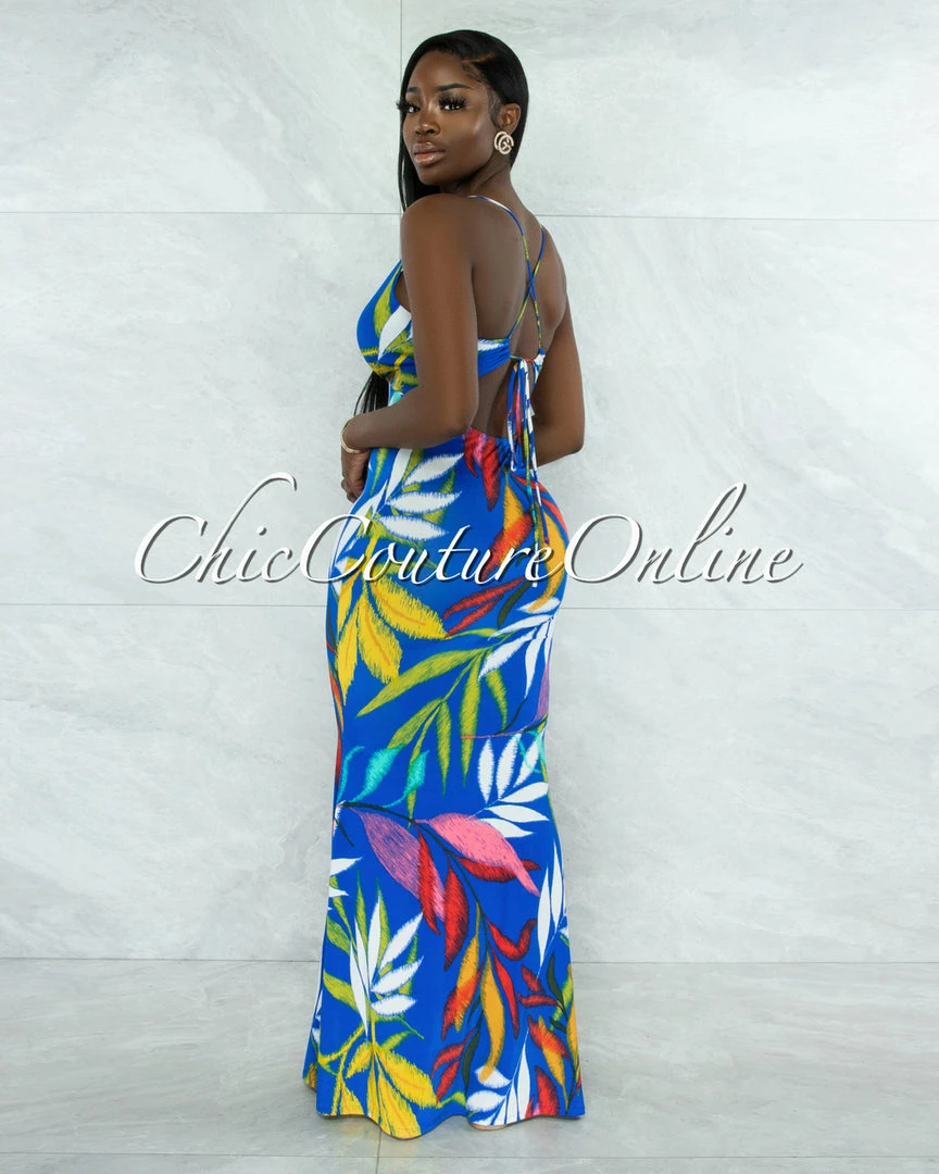 Vendor-unknown Tredan Royal Blue Multi-Color Print Back Cut-Out Maxi Dress