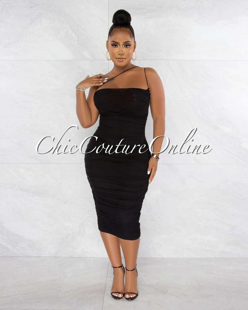 Chic Couture Online JUST IN Zerada Black Mesh Ruched Midi Dress