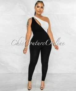 Vendor-unknown JUST IN Henrry White Black Two-Tone Front Zipper Jumpsuit
