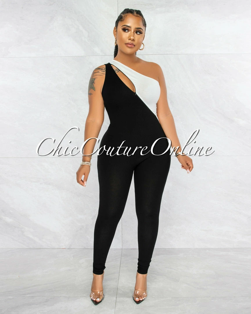 Vendor-unknown JUST IN Henrry White Black Two-Tone Front Zipper Jumpsuit