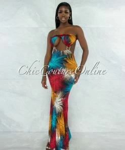 Vendor-unknown Weston Blue Brown Print Cut-Out Gold Accent Maxi Dress