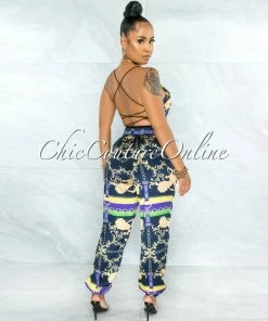 Vendor-unknown JUST IN Baakir Navy Blue Multi-Color Print Lace-Up Top & Pants Set