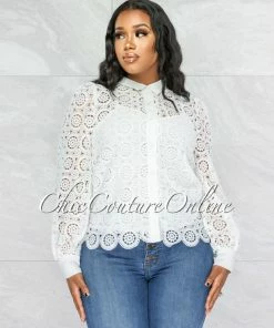 Vendor-unknown JUST IN Martha Off-White Crochet Luxe Sheer Blouse