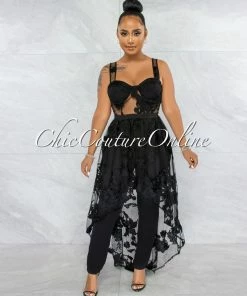 Vendor-unknown JUST IN Kiarah Black Embroidery Mesh Top & Pants Set