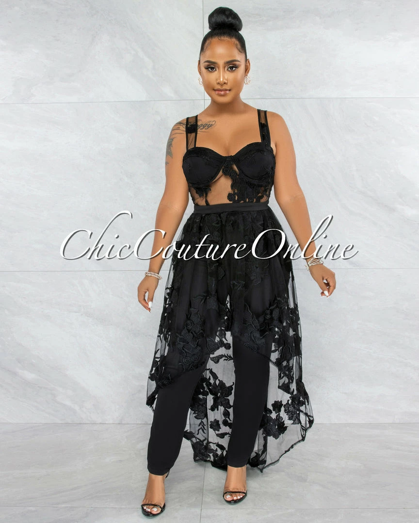 Vendor-unknown JUST IN Kiarah Black Embroidery Mesh Top & Pants Set