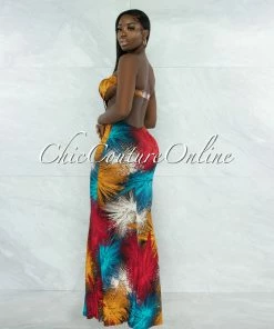 Vendor-unknown Weston Blue Brown Print Cut-Out Gold Accent Maxi Dress