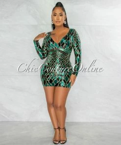 Chic Couture Online JUST IN Yvanka Black Green Gold Sequins Pattern Mini Dress