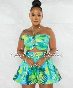 Chic Couture Online Cargill Green Print Gold Accent Top & Bubble Shorts Set JUST IN