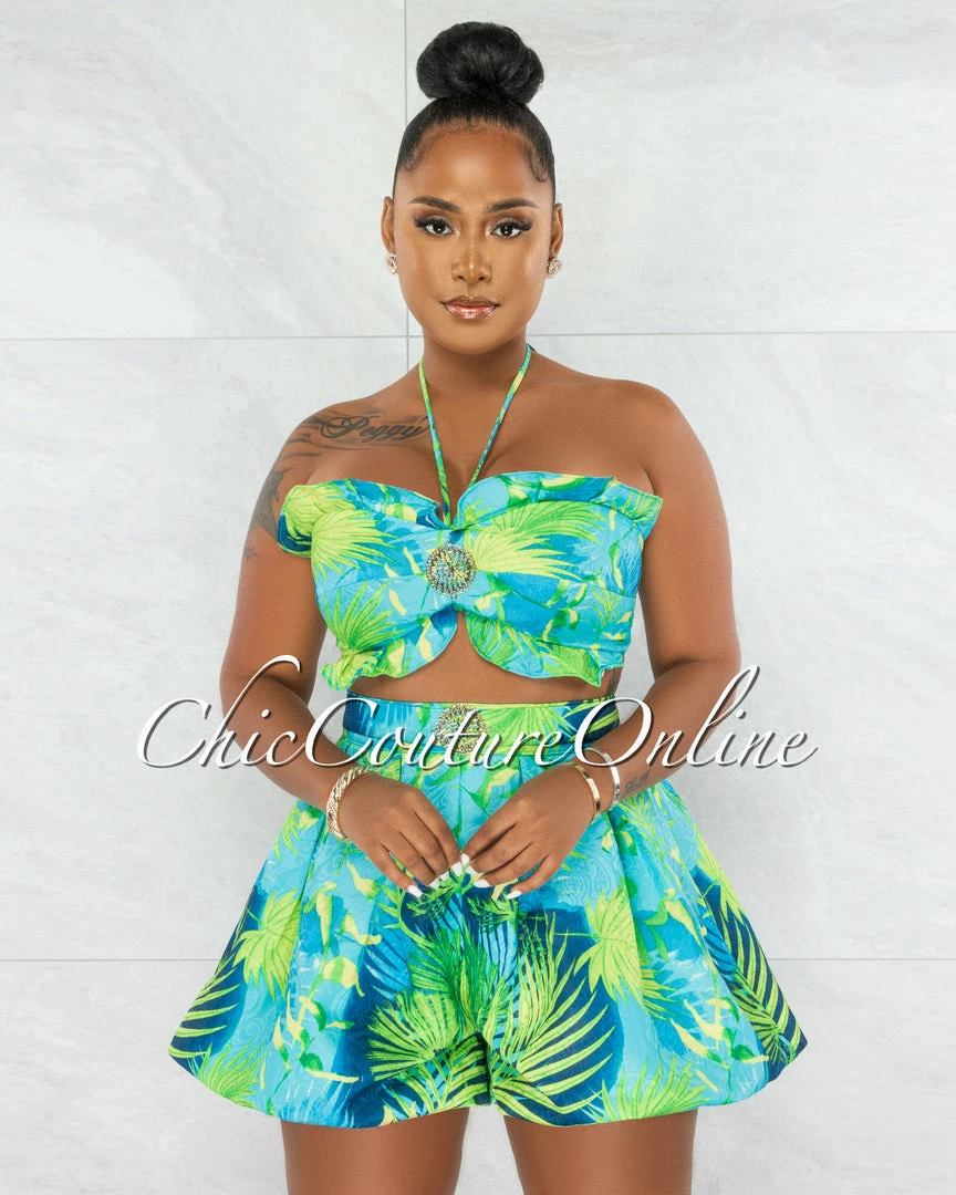 Chic Couture Online Cargill Green Print Gold Accent Top & Bubble Shorts Set JUST IN