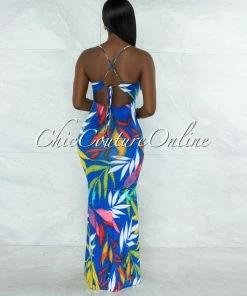 Vendor-unknown Tredan Royal Blue Multi-Color Print Back Cut-Out Maxi Dress