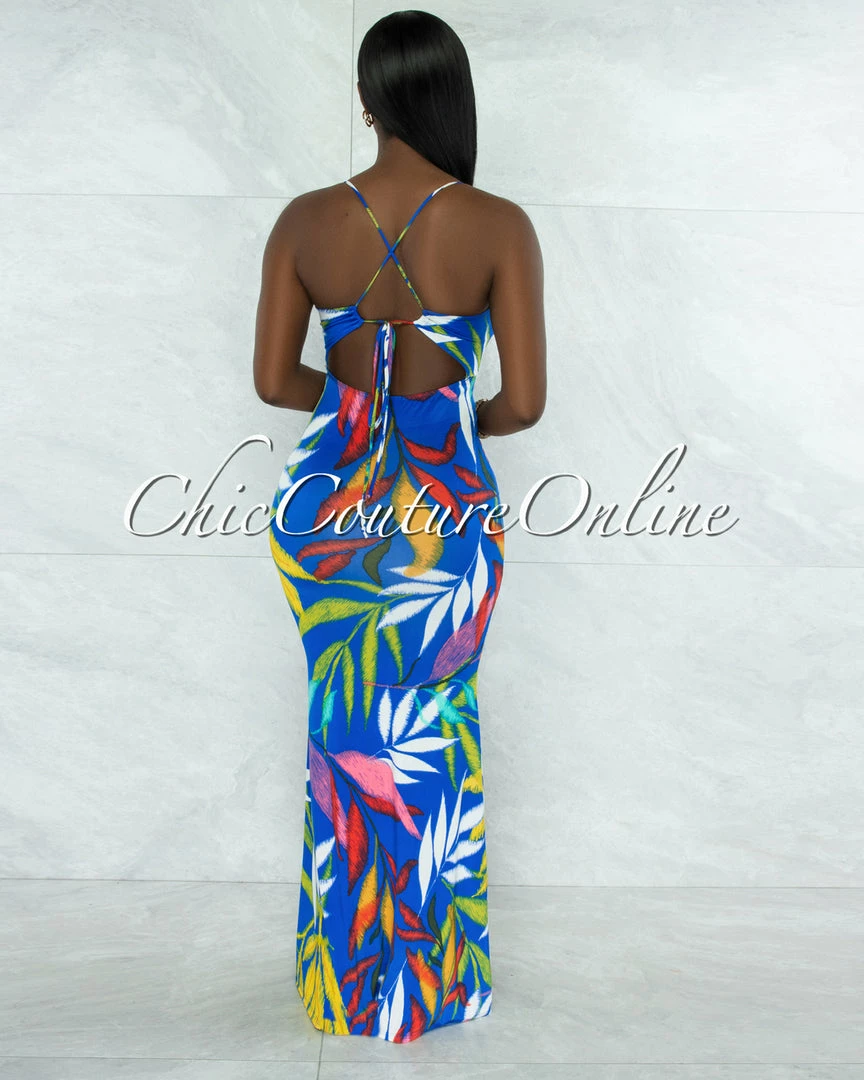 Vendor-unknown Tredan Royal Blue Multi-Color Print Back Cut-Out Maxi Dress