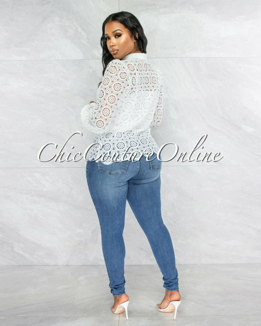 Vendor-unknown JUST IN Martha Off-White Crochet Luxe Sheer Blouse
