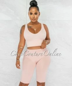 Chic Couture Online JUST IN Jaiden Blush Ribbed Crop Top & Bike Shorts Set