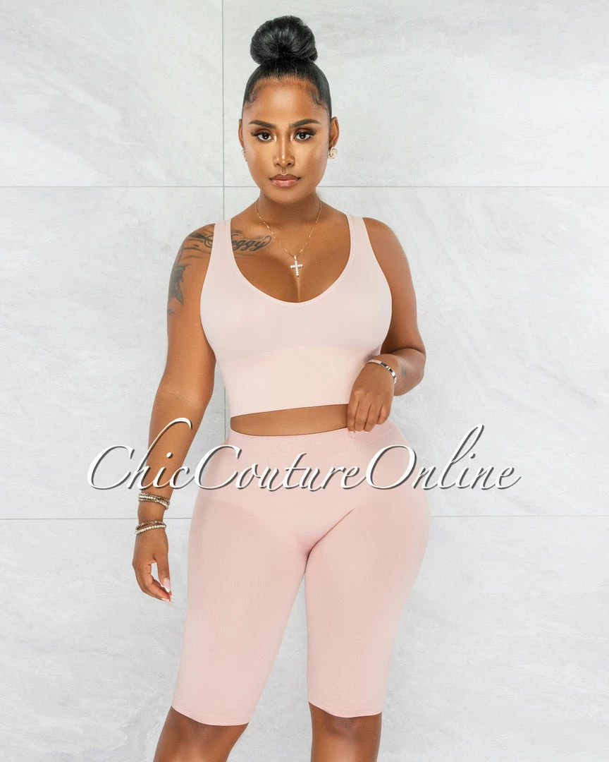 Chic Couture Online JUST IN Jaiden Blush Ribbed Crop Top & Bike Shorts Set