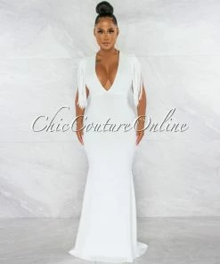 Chic Couture Online Orane Off-White Fringe Shoulders Semi-Mermaid Maxi Dress
