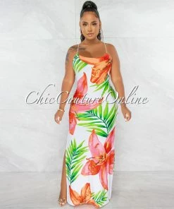 Chic Couture Online Amaria White Multi-Color Print Lace-Up Back Maxi Dress JUST IN