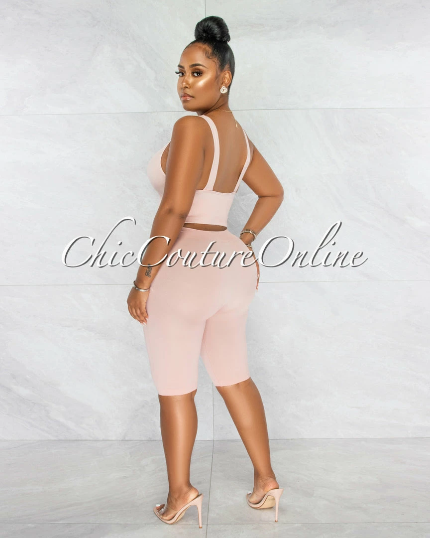 Chic Couture Online JUST IN Jaiden Blush Ribbed Crop Top & Bike Shorts Set