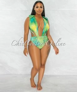 Chic Couture Online JUST IN Siren Green Palm Print Rhinestones Luxe Swimsuit & Cover-up