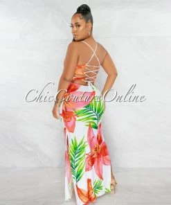 Chic Couture Online Amaria White Multi-Color Print Lace-Up Back Maxi Dress JUST IN